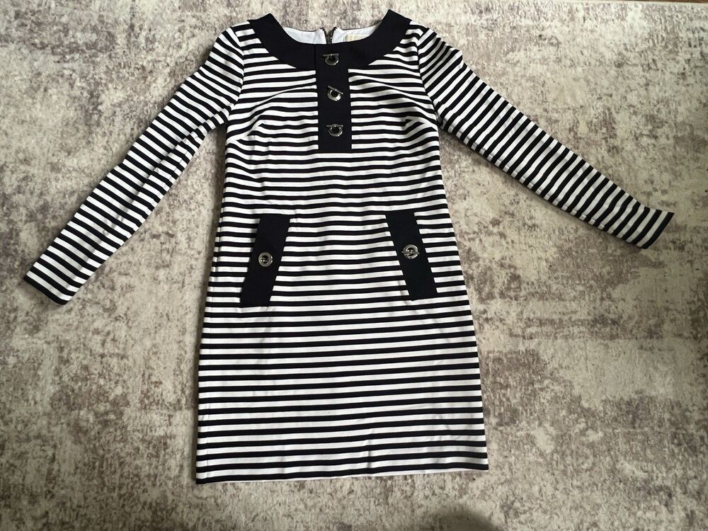 Michael Kors Dress Small Petite Black White Striped Long Sleeve Nautical Stretch